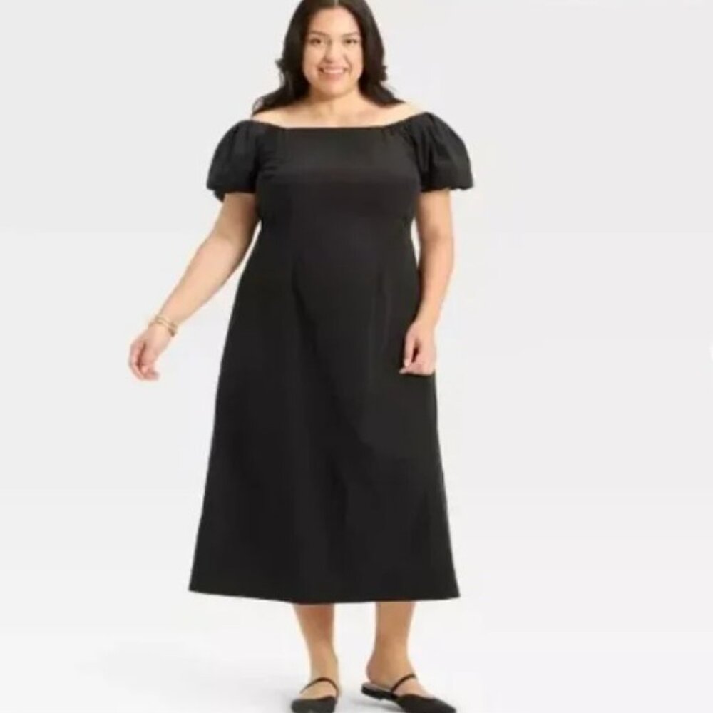 A New Day Black Puff Sleeve Square Neck Elastic Gather Midi Dress 3X NWT